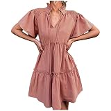 Robe pour adolescentes - Automne et été - Manches courtes - Col en V - Robe décontractée - Robe longue péplum - IZ IZ, rose, L