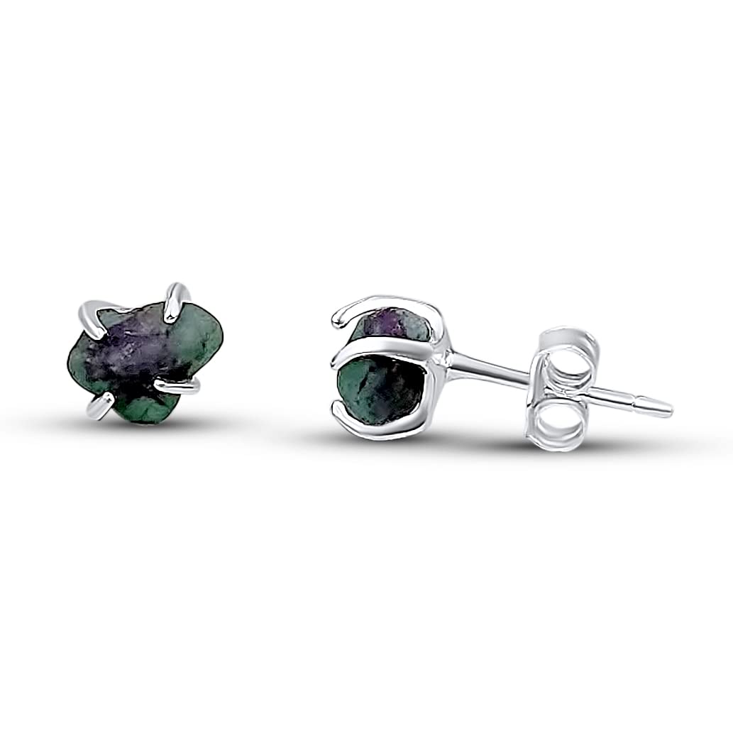real raw emerald stone tiny 4 to 6mm stud earrings with solid 925 sterling silver may birthstone gift for her niece daughter mom Uniquelan Jewelry (emerald)