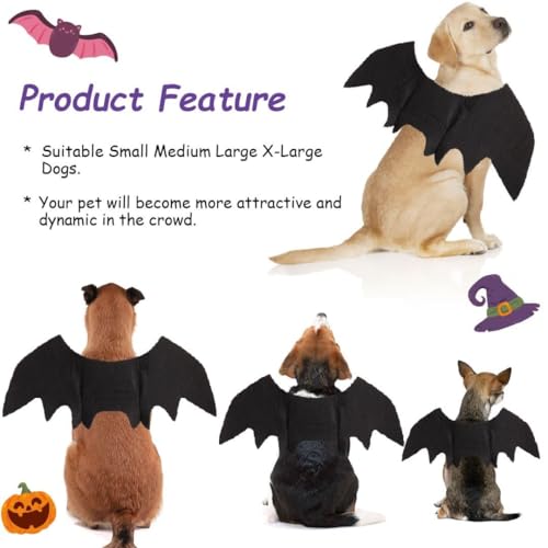 Fledermausflügel Hund,Halloween Fledermaus Hundekostüm,Hund Fledermausflügel mit Kürbisglocke,Einstellbar Hunds Fledermaus Flügel,Cosplay Dekoration Halloween Haustier Kostüm L