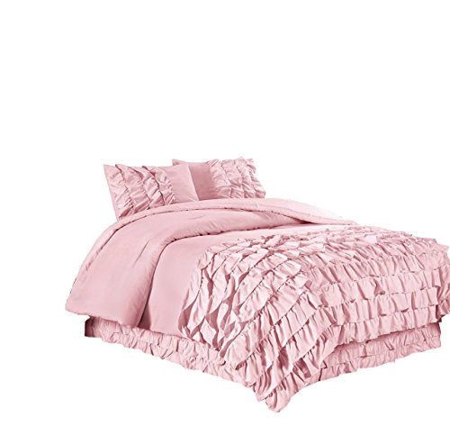 Chezmoi Collection Ella 3-Piece Waterfall Ruffle Duvet Cover Set (King, Pink)
