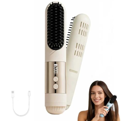 Image of SL Euthtion Cordless Hair Straightener Brush-Portable Mini Straightening Comb Rechargeable Battery Powered for Travel - Cool curl Airflow Styler- 30s Fast Heating -LCD Display