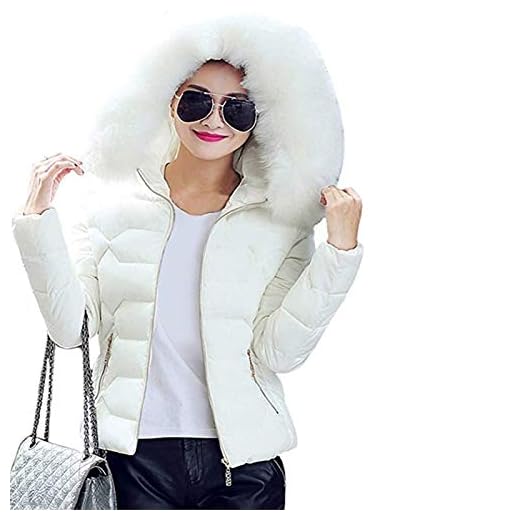 SKYWPOJU Dam varm kappa vinterrock kort vinterjacka tjockare huva Slim Fit utkläder bomullskläder parka jacka dragkedja jacka quiltad jacka med pälskrage (Color : White, Size : L)