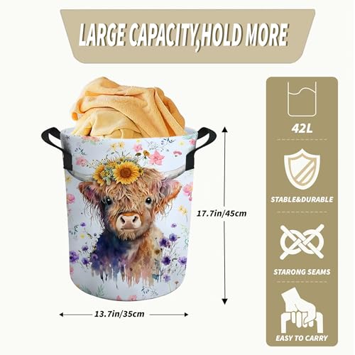 Image of Highland Cow Laundry Basket Gifts for Girls, Girls' Room Decor Baby Nursery Hamper Highland Cow Room Decor 17.7x13.7 Inch