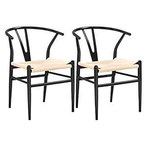Yaheetech Set van 2 middeleeuwse eetkamerstoelen, Y-stoel, zwenkstoel, Wishbone stoel, rotan stoel, leunstoel met geweven zitting, stapelstoelen voor thuis, eetkamer en woonkamer