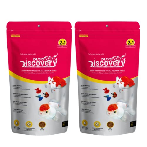 Taiyo Pluss Discovery Pink Fish Food - 200 g (Pack of 2) | Super Premium 2-in-1 Formula with Colour Enhancers & High Protein | Mini Pellets (0.8 mm) for All Aquarium Fishes