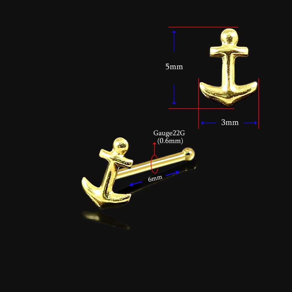 14K Solid Yellow Plain Embossed Anchor Design 22 Gauge Ball End Nose Stud- Tiny Nose Ring- Gold Nose Piercing Body Jewelry