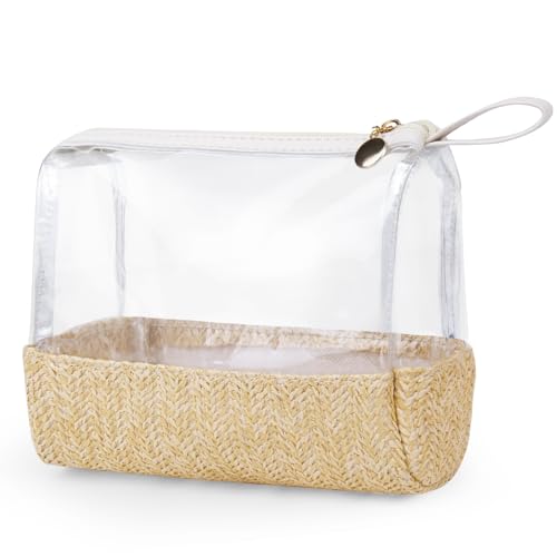 FANGENKE Boho Straw Makeup Bag,Small Clear Travel Cosmetic Pouch Aesthetic Waterproof Portable Toiletry Bag,Preppy Cute Transparent TPU Zipper Purse Travel Beach sunscreen bag for Women Girls (Beige)