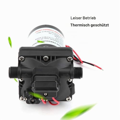Foto von Druckwasserpumpe 12V DC, 30 psi/3,1 bar, Schwarz, PVC und Kupfer, 26,4 x 14,3 x 13 cm, für Wohnmobil