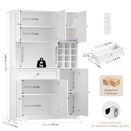 FirFurd Kitchen Cupboard Tall Kitchen Cabinets with LED, Power Outlet, Sideboard Storage Cabinet with Wine Rack for 12 Bottles, Countertop and Drawer Dining Room Furniture180x100x39cm White - Image 3