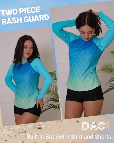 Image of Daci Women Two Piece Rash Guard Long Sleeve Swimsuits UV UPF 50+ Swim Shirt Bathing Suit with Boyshort Bottom