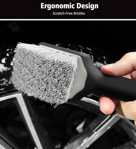 YeewayVeh 5PCS Car Wheel Brush Kit, Bendable Rim Cleaner Brush & Non-Metallic Wheel Cleaning Brush Set with Tire Brush, Car Detailing Brush and Tire Shine Applicator, Green&Black