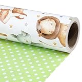 RUSPEPA Neutral Baby Shower Reversible Wrapping Paper Roll, Mini Roll, Cute Safari Jungle Animals & Green Polka Dots Gift Wrap for Kids' Birthday, Baby Shower, Nursery Celebrations, 17 Inch x 9.8 Feet