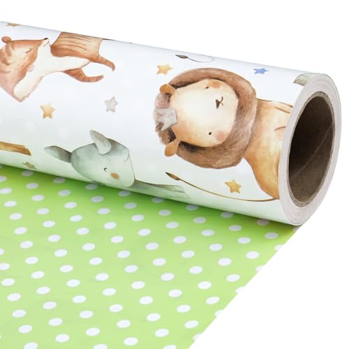 RUSPEPA Neutral Baby Shower Reversible Wrapping Paper Roll, Mini Roll, Cute Safari Jungle Animals & Green Polka Dots Gift Wrap for Kids' Birthday, Baby Shower, Nursery Celebrations, 17 Inch x 9.8 Feet