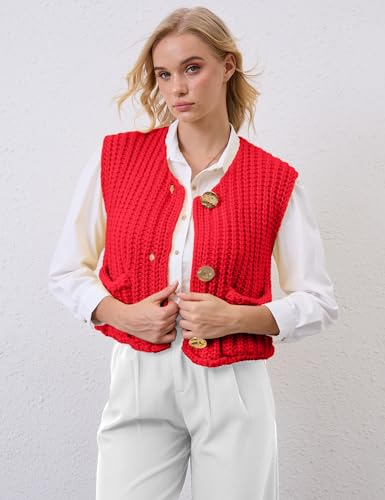 Image of Women Crochet Knit Sweater Vest Button Up Cropped Casual Sleeveless Vest Fashion Vintage Cardigan with Pocket Red