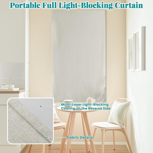 Image of 100% Blackout Magic Tape Stick On Curtains Window Shades Pull Down Blackout Window Cover No Drillng Self Adhesive Curtains No Rod Small Windows, W35 x L60 inch, 1 Panel, Light Beige