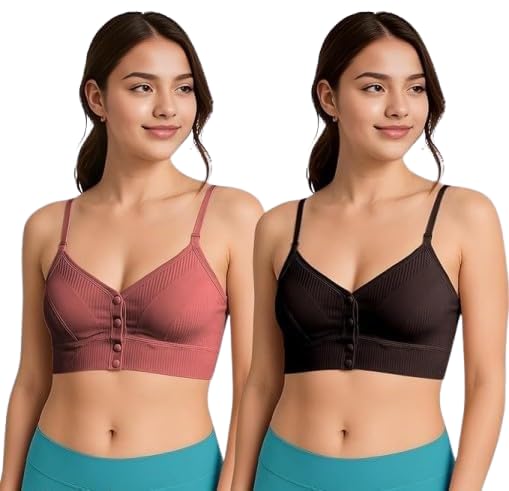 Women’s Padded Sports Bra | Seamless Button Front Bralette | Wire-Free Stretchable Gym Yoga Activewear Bra-picture-58