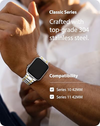 Image of Fullmosa Metal Bands with Case [Watch NOT Included] Compatible with Apple Watch Strap 42mm (Series 10 /11), Steel Apple Watch Band for iWatch Series 10 11,42mm（S11 /10,Silver and Gold