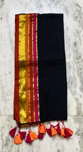 Image of Women's Mul Cotton Saree with Tassels | Soft Mulmul Saree | Woven Stripes & Zari Line | 5.5 Metres - Without Blouse