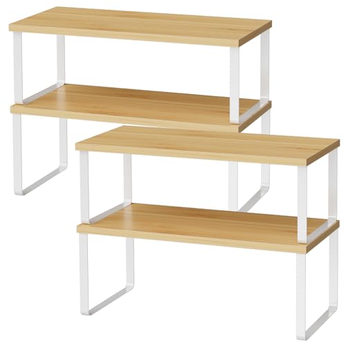 Cabinet Shelf Organizers, 15.7 inches Large Kitchen Counter Shelf, Set of 4 Wood Kitchen Pantry Organizer, Storage Shelves for Countertop, Spice Rack, Stackable, Expandable, Metal White, Nature