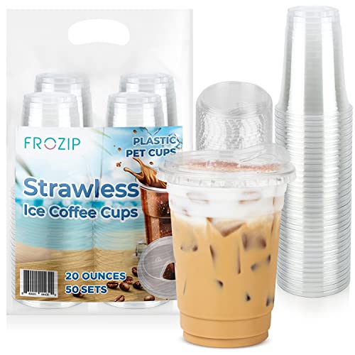 FROZIP 50 Pack 20oz Plastic Coffee Cups with Sip Lids - Clear Plastic Cups with Lids for Smoothies, Iced Coffee & Restaurant Supplies