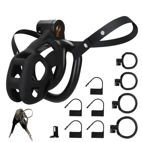 Male Chastity Cage with Elastic Belt & Invisible Lock - 4 Ball Ring Sizes, Ultralight Large Penis Cage for Comfort Fit Long Term Wear(S-70mm) [Black] - BDSM Gear, Bondage Sex Toys Accessories for Men