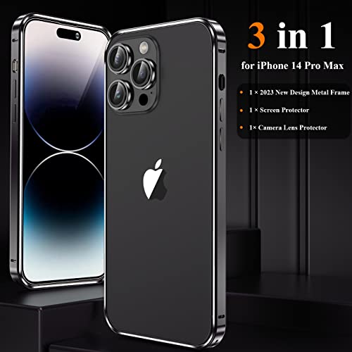 YMHML [3 in 1 for iPhone 14 Pro Max Titanium Frame Case with Screen Protector and Camera Lens Protector Tempered Glass, Metal Bumper Slim Hard Straight Edge Full Drop Protection Accessories, Black