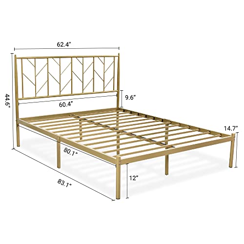 Vellieve Queen Metal Bed Frame With Vintage Headboard | Modern Platform Bed Frame | Heavy Duty Strong Slat Support | Matress Foundation | No Box Spring Needed | Gold #TOP1