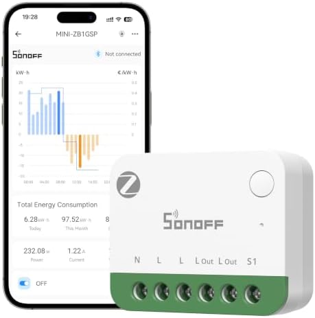 SONOFF MINI-ZB1GSP, Zigbee 3.0, Zigbee One PM, Intelligenter Lichtschalter, Energieüberwachung, Zigbee-Hub erforderlich, Neutralleiter erforderlich, Strommessung, Kompatibel mit Ho