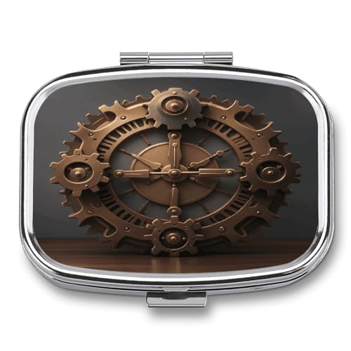 Steampunk Gears Clock Printed Pill Organizer Medicine Organizer Pill Box with Mirror for Purse Or Pocket Fish Oil Supplements Travel Gifts
