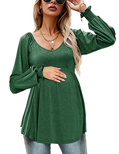 Czzzyl Ladies Nursing Winter Long Lantern Sleeve Knit Tops V Neck Pregnancy Fashion Flare Tunic Blouses For Leggings For Work(Green,Large) #TOP2