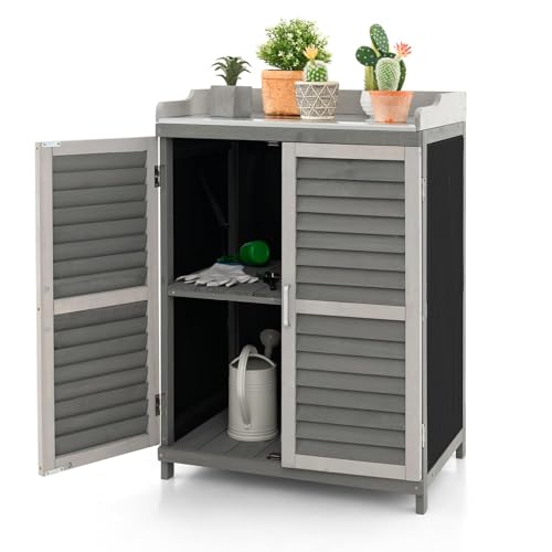 RELAX4LIFE Armadio da Esterno in Legno e Metallo con Piano Zincato, 2 Ripiani e Ante a Doghe, Porte Avvolgibili, Ideale per Terrazzo, Balcone o Giardino (67×47×100 cm)