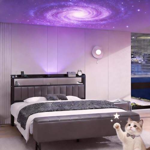 Image of Queen Size Bed Frame with Star Projector & Charging Station, PU Leather Upholstered Platform with 2-Tier Storage Headboard & Storage Ottoman, Metal Support, Noise-Free, No Box Spring Needed, Grey