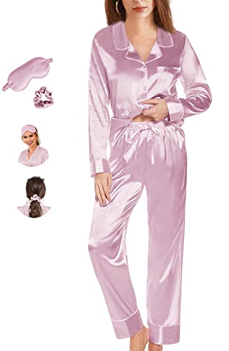 Y WJing Yi Jia Pigiama da donna in raso di seta, set da 2 pezzi, pigiama da sposa, con bottoni, pigiama da damigella d'onore, abbigliamento da casa, con maschera per gli occhi e elastici 3 in 1,