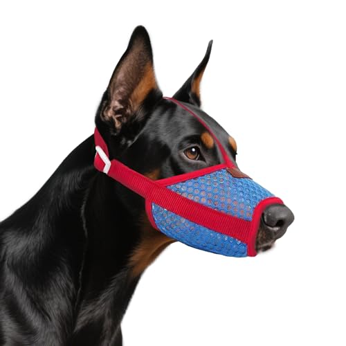 Basket Muzzle for Dogs, Prevents Biting Chewing Barking, Soft Breathable Design with Adjustable Strap, Allows Panting and Drinking, Great for Training Grooming Vet Visits (Red-Blue, Extra Large)