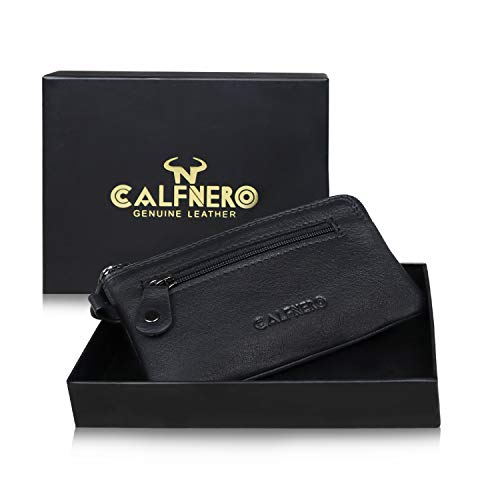 Image of CALFNERO Genuine Leather Key Case & Coin Pouch for Men & Women | Dual Zipper Key Holder with Built in Key Rings | Compact Coin Wallet & Everyday Carry Organizer