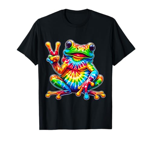 Humorous Gifts for Frog lover Tie-Dye Frog Peace Sign Hippie Multicolor Cotton 100% T-Shirt Unisex-Adults Small Classic Fit Crew Neck Short Sleeve