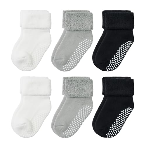 Image of VWU Baby Toddler Kids Ankle Crew Socks with Grips Unisex Warm Thick Cotton Winter Socks 0-10 Years 6/8 Pack