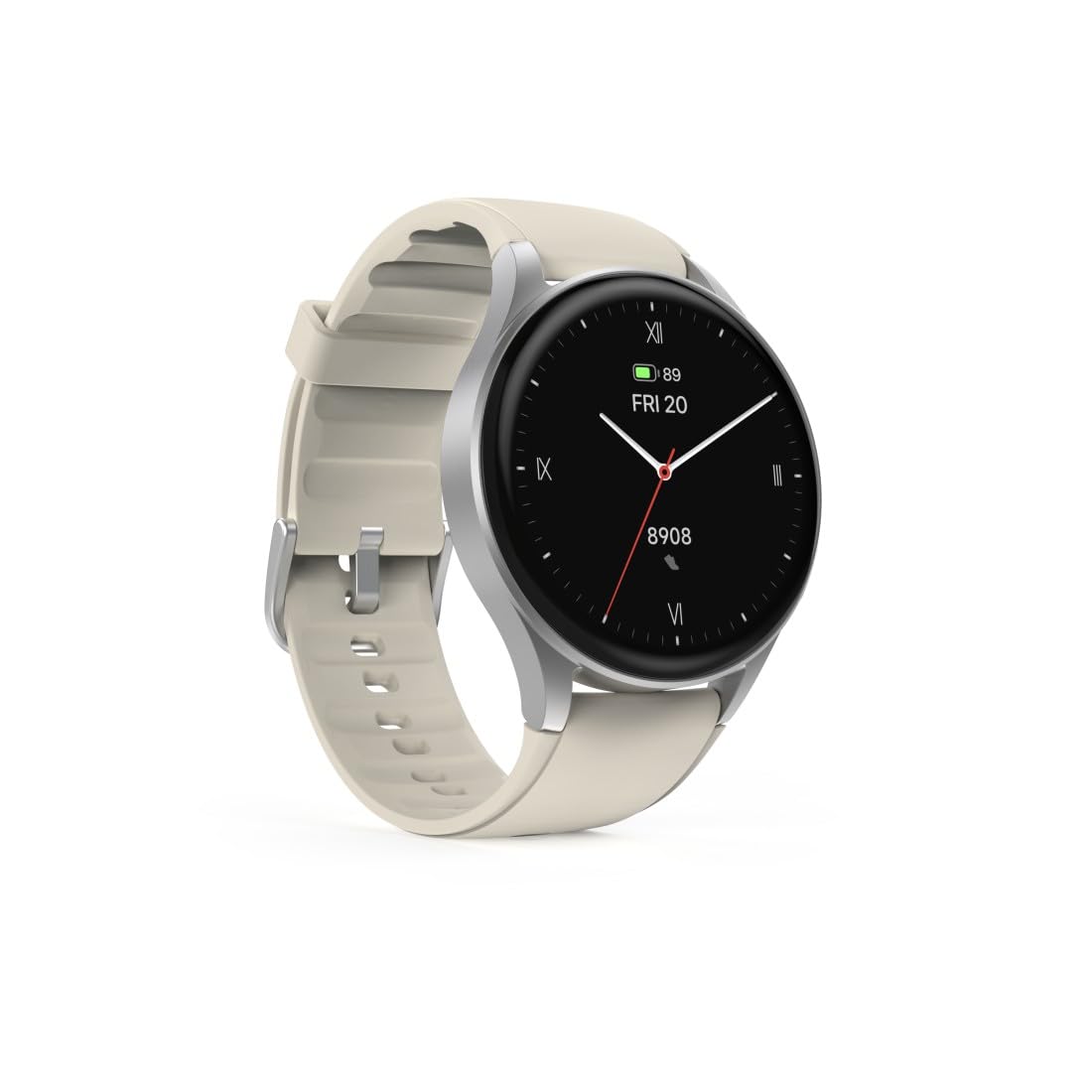 Hama Smartwatch GPS (zegarek inteligentny, smart, AMOLED 1.3, Bluetooth, wodoodporny, ładowanie magnetyczne, always-on, silikonowy pasek, srebrna koperta, 1,32", rozmowy) beżowy