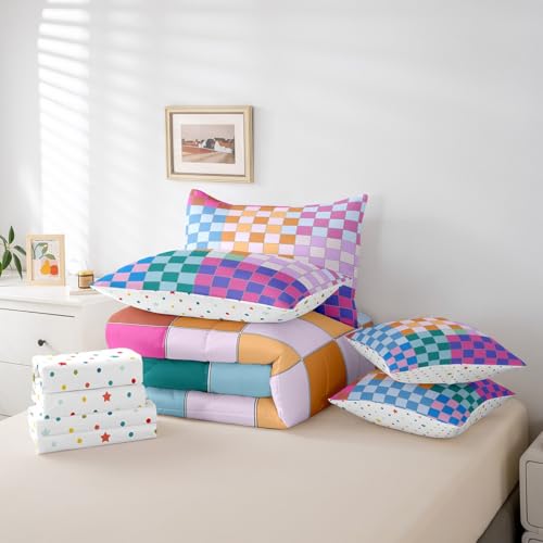 Image of Erosebridal Colorful Checkered Full Comforter Set with Sheets 7 Pcs Rainbow Checkerboard Grid Bedding Set Blue Pink Purple Plaid Bed in A Bag for Kids Boys Girls,Geometric Groovy Aesthetic Bed Set