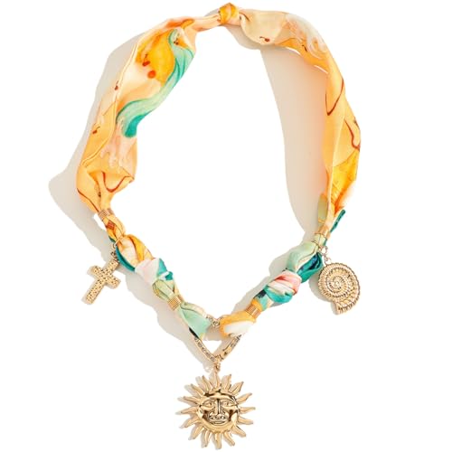 Bandana Charm Necklace for Women-Dainty Gold Carabiner Beach Charm Necklace Sun Conch Cross Pendant Scarf Necklaces,Fabric Statement Jewelry, Bandana Boho Chic Jewelry