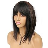 LANCAINI Straight Bob Wigs with Bangs Natural Black Mix Light Auburn Synthetic Wigs with Neat Bangs...