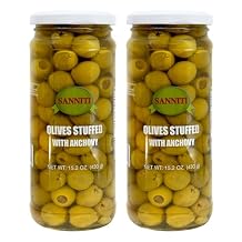 Sanniti Mediterranean Green Olives Stuffed with Anchovies, 15.2 oz Pack of 2