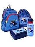 Familando Spiegelburg Kindergarten Rucksack Set 4tlg. mit Turnbeutel, Brotdose und Trinkflasche Traktor Bulldog für Jungen und Mädchen