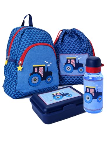 Familando Spiegelburg Kindergarten Rucksack Set 4tlg. mit Turnbeutel, Brotdose und Trinkflasche Traktor Bulldog für Jungen und Mädchen