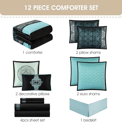 Stratford Park Black & Teal Comforter Set California King Size, Classic Jacquard Bedding Sets, Faux Silk, Premium Microfiber, 12 Pieces Bed in a Bag, Matching Fitted Sheet, Flat Sheet by Stratford Park - Used condition - Image 4