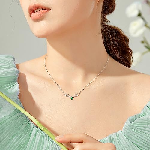 Antler Necklace 925 Sterling Silver Minimalist Reindeer Horn Collar Chain With May Birthstone Emerald Necklace For Women Teen Girls #TOP2