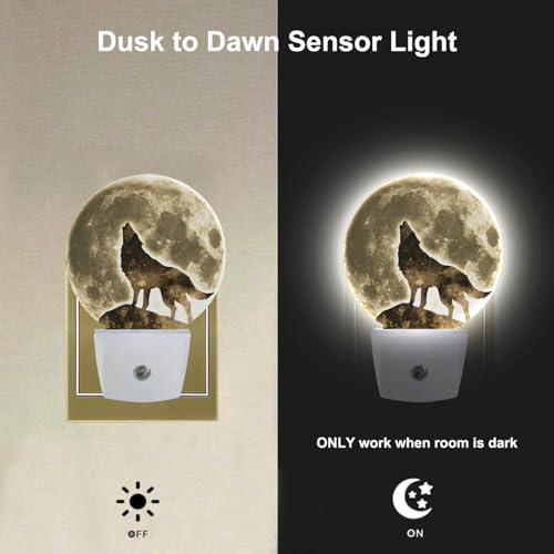 Image of EKOBLA Black Wolf Night Light, Wolf on Cliff Under Full Moon Night Lights Plug Into Wall with Auto Sensor for Bedroom and Staircase