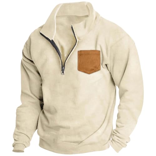 Sweat-shirt homme polaire beige isolant col demi-zip chaud