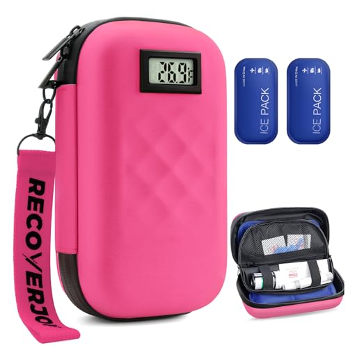Image of TSA Approved Insulin Cooler Travel Case Diabetic Medication Bag With Thermometer Temperature Display Medication Diabetic Cooler Travel Medicine Organizer Bag for women & 2 Ice Pack-Rose red