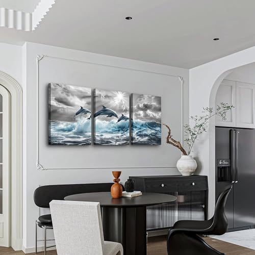 DZRWUBHS Black And White Wall Paintings Wall Art For Living Room Canvas Wall Decor For Bedroom Blue Sea Wave Dolphins Wall Pictures Office Decorations Posters Modern Home Decor Wall Artwork 3 Piece